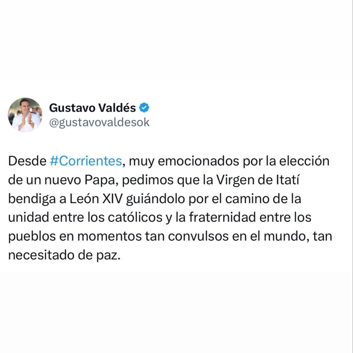 El Gobernador envió su mensaje al nuevo Papa León XVI